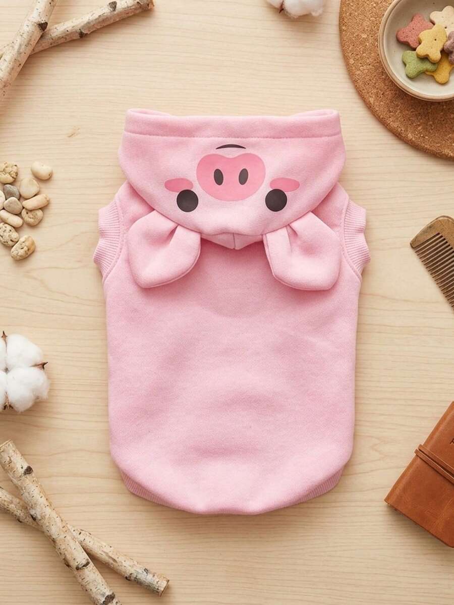 PETSIN 1 件套猫狗无袖连帽衫,可爱粉色小猪卡通 3D 角色扮演服装宠物运动衫 - 彩色 - 查看 1