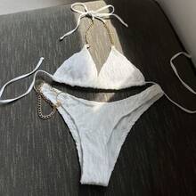 Bikini Sexy para Mujer con Decoración de Cadena y Cordones Ajustables – Traje de Baño Moderno - Blanco - Ver 6