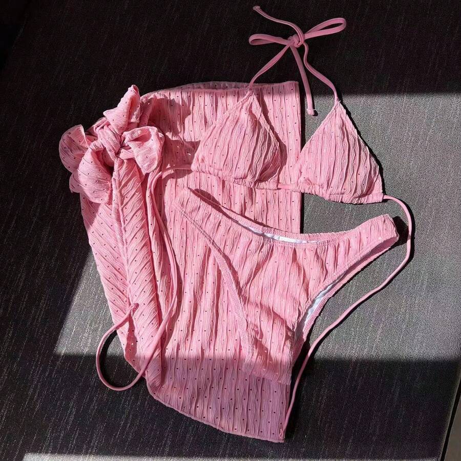 New 3-Piece Swimsuit Set - Backless Bikini With Adjustable Ties - 粉色 - 查看 1