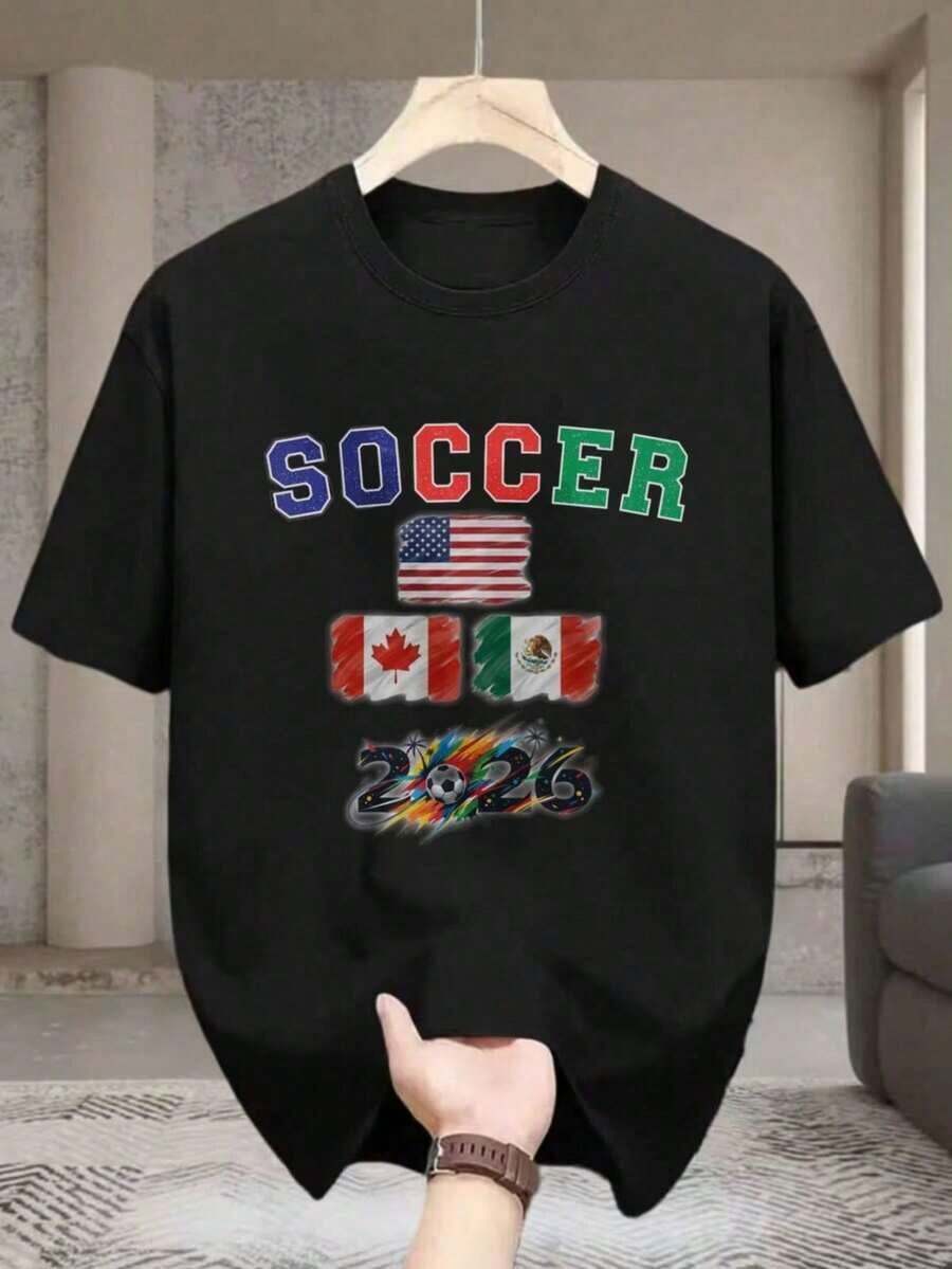 Camiseta de Fútbol 2026 USA Canadá México | Camiseta Unisex para Fanáticos con Diseño de Bandera, Ropa Cómoda para Entusiastas de la Copa Mundial, Camiseta Gráfica Unisex para Fanáticos del Fútbol, Camiseta Casual para Parejas - Negro - Ver 1