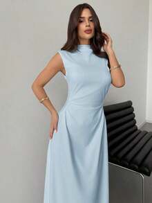 Vestido largo en línea A con cuello de pie, sin mangas y fruncido, color blanco, nuevo para el Día de San Valentín, elegante y romántico para citas y trabajo - Azul - Ver 4