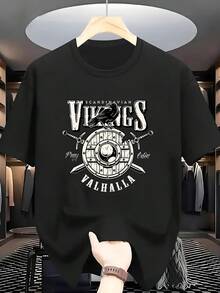 Camiseta de Talla Grande para Hombre con Temática de la Sala de Valores Vikinga y Historia Nórdica - Manga Corta, Diseño de Cuello Redondo, con Patrones de Escudo Vikingo y Guerrero Cuervo - Ropa Casual de Estilo Vikingo para Hombre, Talla Grande - Negro - Ver 6