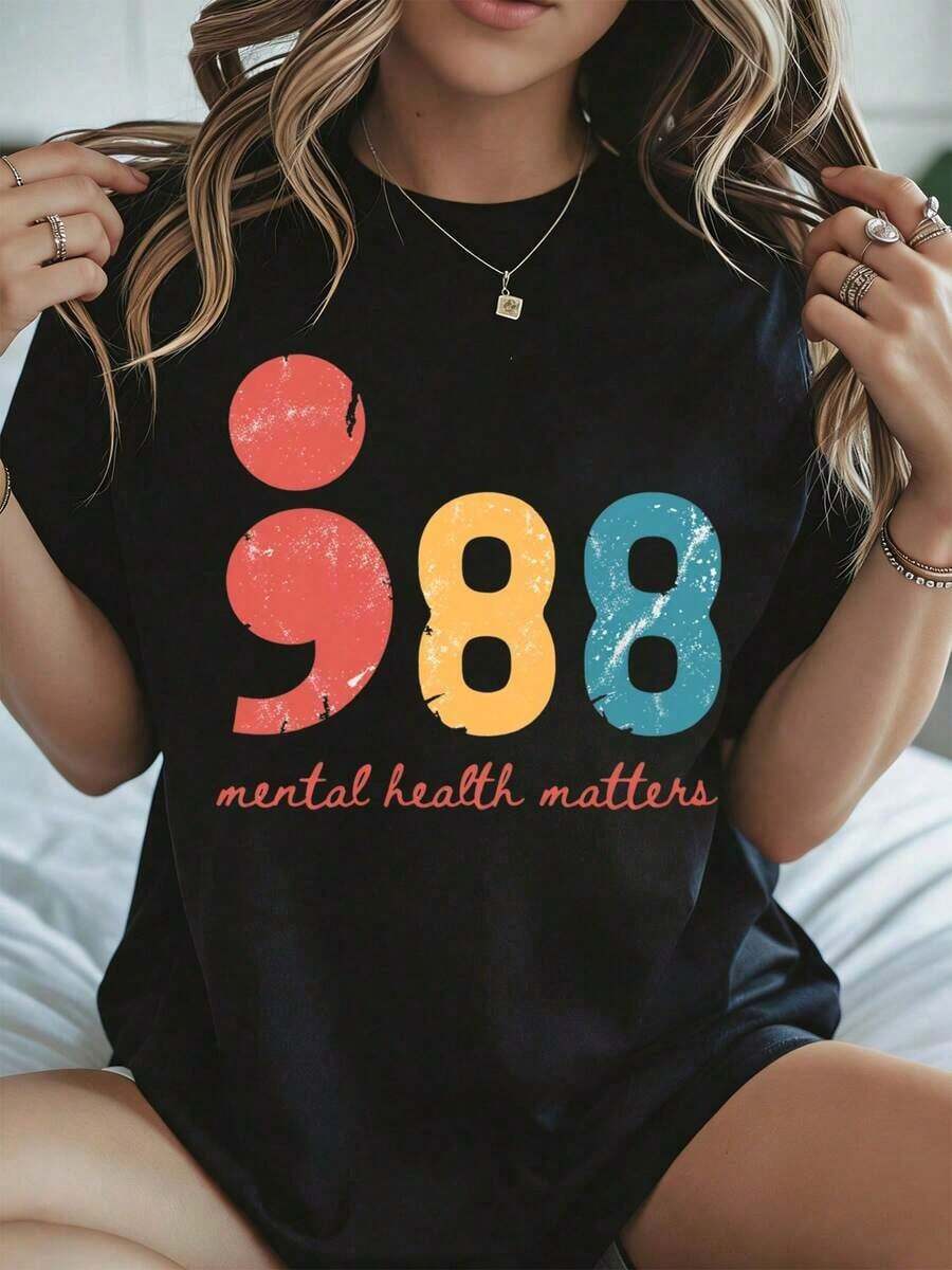Elegant And Casual Women's Short-Sleeved White T-Shirt For Mental Health Awareness Day With "988 Mental Health Matters" Print, Casual Spring And Summer Wear. - 黑色 - 查看 1