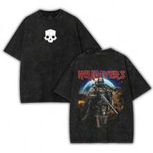 Camiseta Helldivers 2 Skull Game Lavada, de Algodón, de Doble Cara, Unisex, con Personaje de Anime, Retro, Cómoda, de Alta Calidad, para Hombre - Negro - Ver 5