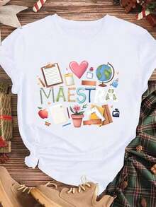Elegante y casual mujer manga corta,White T-Shirt Teacher Day Maestra With School Supplies And Heart Print Casual Wear For Spring Summer - Blanco - Ver 3