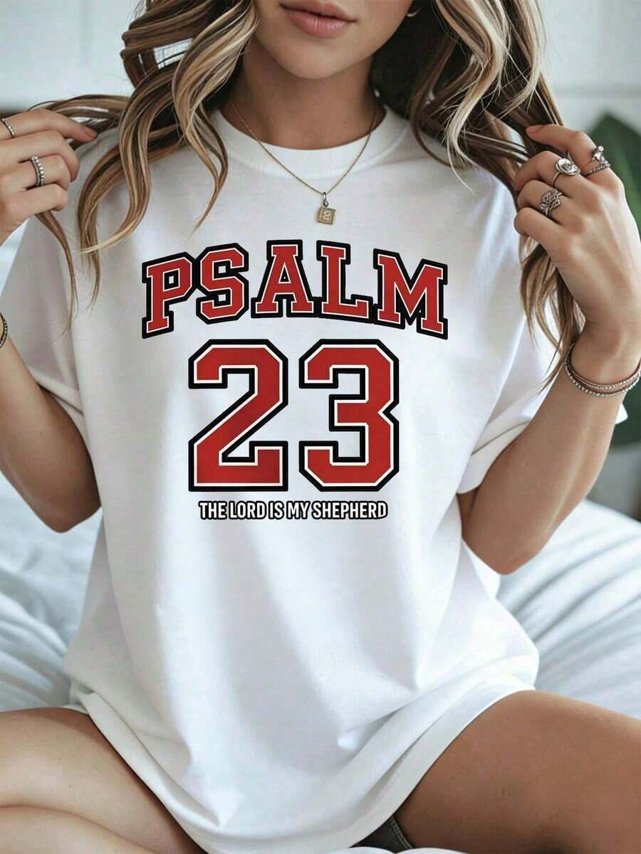 Elegante y casual para mujer, manga corta, camiseta con el salmo 23, verso bíblico de fe cristiana, "El Señor es mi pastor", top casual de corte holgado para uso diario en primavera y verano. - Blanco - Ver 1