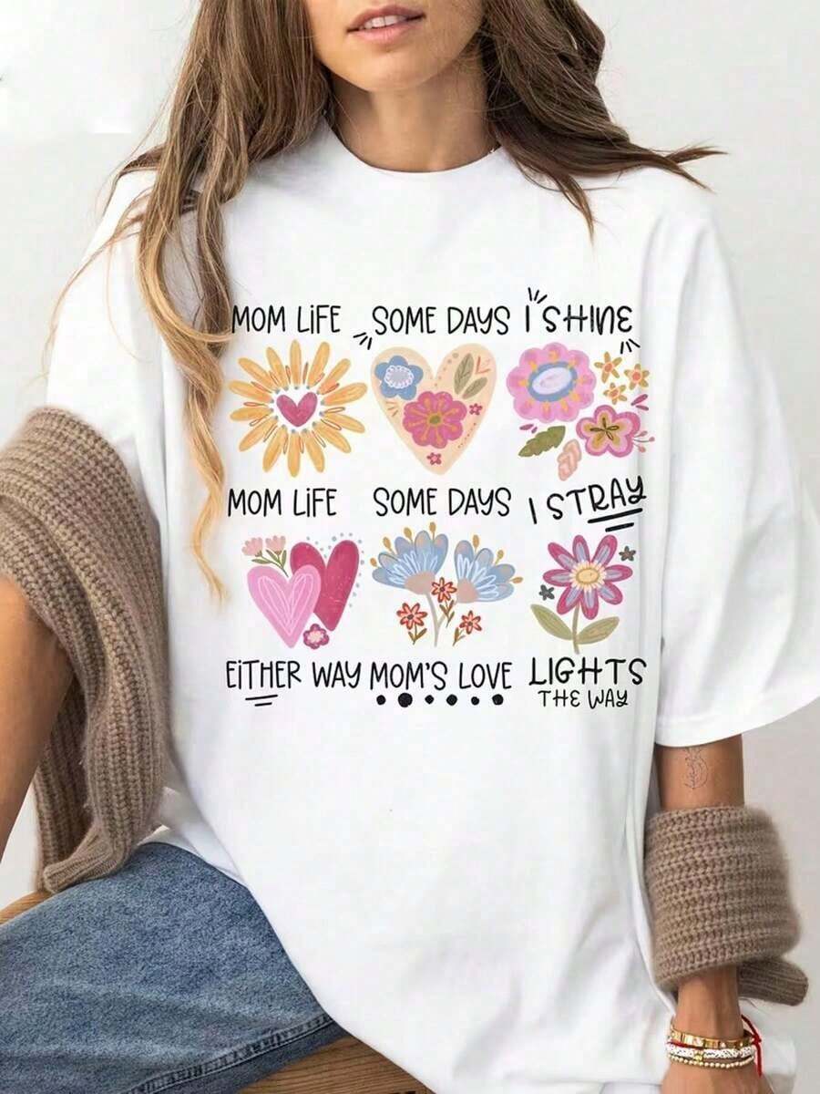 Camiseta de manga corta 100% algodón con estampado floral creativo en forma de corazón, cuello redondo, cómoda, para mujer, transpirable, informal, deportiva, para primavera y verano, un regalo preferido para vacaciones, suave 100% algodón. - Blanco - Ver 1