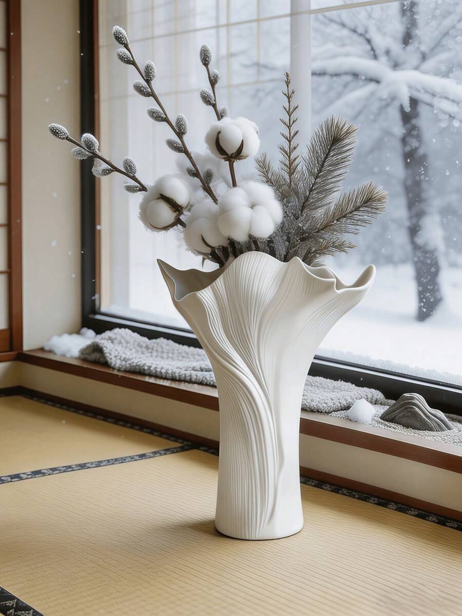1pc White Vase With Ruffled Texture, Suitable For Living Room, Bedroom, Office, Dining Table, Window Sill, Entrance, Wedding Centerpiece Decor, Modern Minimalist Home Decor - Multicolor - View 1