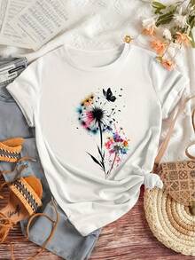 Playera de Manga Corta para Mujer con Estampado de Diente de León en Acuarela, Camiseta Casual Blanca con Gráfico de Mariposa, Top Fresco de Verano - Negro - Ver 3