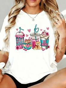 Camiseta Gráfica "Valentine Cupcake Bear Be Mine" para Mujer, Diseño Romántico y Adorable con Corazones y Bebidas, Top de Moda 180g, para Ocio en Casa y al Aire Libre, Regalo para Fiesta de San Valentín - Blanco - Ver 1