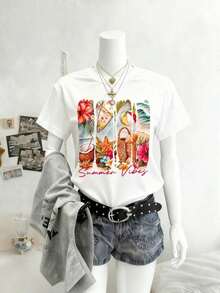 1 Pieza Moda Informal Para Hombres Y Camiseta de Mujer de manga corta con cuello redondo con estampado de tema de playa de verano Estimado/a MOLLY, adecuada para fiestas, reuniones y diversificado ocasiones, para todos ellos las estaciones, un regalo ideal para madre es vacaciones casuales es El blanco es versátil, fácil de combinar, adecuado para el uso diario, el estilo urbano, los conjuntos de vacaciones y la ropa de fin de semana. - Blanco - Ver 3