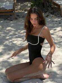 Nuevo mono azul marino sin tirantes, sólido, casual, sexy y elegante para mujer de, adecuado para la playa, vacaciones, fiestas y citas - Blanco y Negro - Ver 3