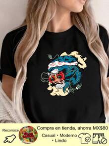 Camiseta Estampada Estilo Retro para Mujer, Talla Grande, Manga Corta de Verano, Cuello Redondo, Transpirable y Lavable, Ropa Casual para Verano y Primavera, Ideal para Salidas Diarias y Fiestas Temáticas, Prenda Versátil y Cómoda. - Negro - Ver 8