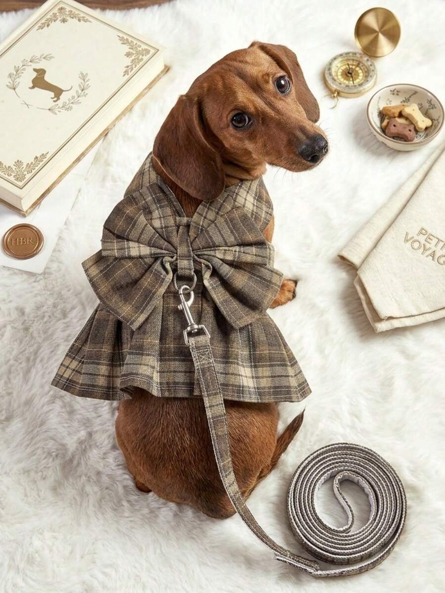 PETSIN 1 Bộ vòng cổ nơ kẻ caro màu nâu và dây xích cho mèo và chó - Nhiều màu - Xem 1