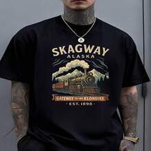 Camiseta exclusiva del Día de la Independencia y del Día del Padre con dise?o del tren de vapor Skagerway de Alaska, estampado histórico vintage de la era Krond, lavable a máquina, cuello redondo, ideal para uso casual, aficionados a la historia, recuerdos de Alaska, cálida, colores resistentes, perfecta para citas y uso diario. - Negro - Ver 1