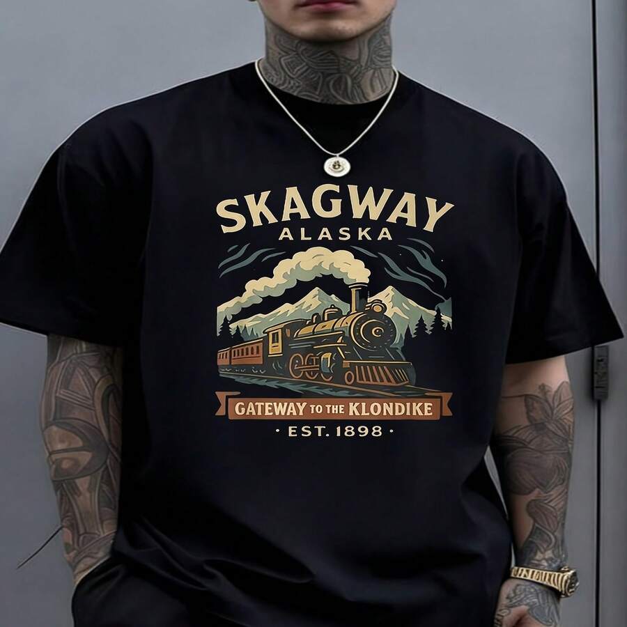 Camiseta exclusiva del Día de la Independencia y del Día del Padre con dise?o del tren de vapor Skagerway de Alaska, estampado histórico vintage de la era Krond, lavable a máquina, cuello redondo, ideal para uso casual, aficionados a la historia, recuerdos de Alaska, cálida, colores resistentes, perfecta para citas y uso diario. - Negro - Ver 1