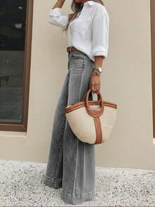 Jeans de pierna ancha holgados con bolsillos cómodos y elásticos para adolescentes - Gris - Ver 4