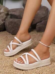 Women Crossover Strap Flatform Slide Sandals, Fashion Summer Sandals - White - View 5
