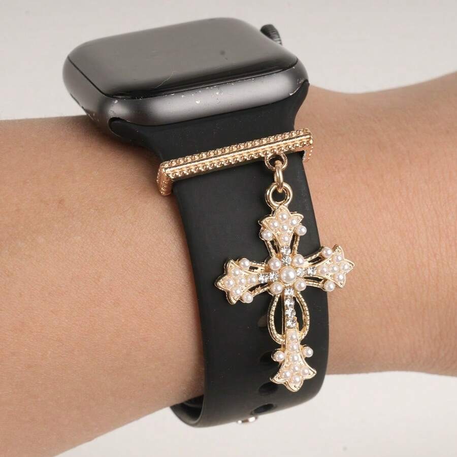 1pc Cross Pearl Decorative Charm Compatible With Apple Watch Band, Alloy Watch Strap Ornament - one-size - View 1
