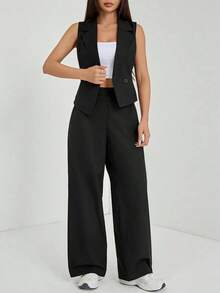 de 2 piezas de ropa de otoño, top sin mangas y pantalones de unicolor para mujer - Negro - Ver 7