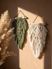 1pc Macrame Wall Hanging, Handwoven Boho Style Wall Decor Tapestry, Green & Ivory Leaf & Feather Background - Multicolor - View 7