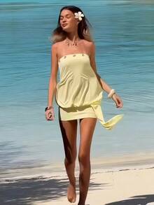 Kliou Vestido Sexy Hueco sin Tirantes para Mujer con Anillo Metálico, Escote en el Pecho, Sin Espalda, con Borlas, Ajustado, Estilo Peach Hip, Mini Bodycon para Vacaciones y Playa - Amarillo - Ver 4