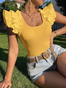 Camiseta de manga corta ajustada con cuello cuadrado de unicolor para mujeres - Amarillo - Ver 1