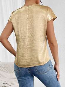 Blusa holgada y elegante casual con hombros de lámina metálica para mujer; Blusa de unicolor de satén con mangas tipo murciélago y cuello plisado para mujer - Champán - Ver 2