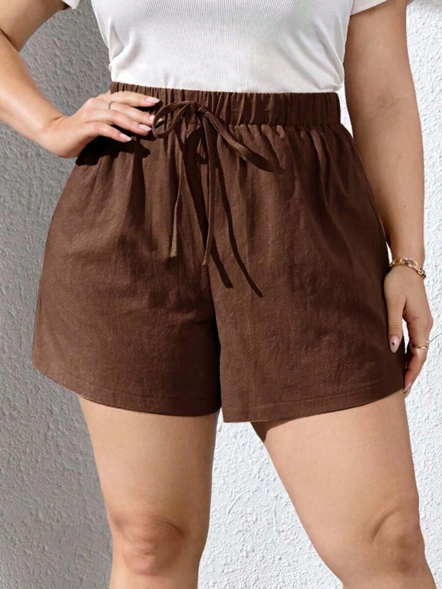 Pantalones Cortos Khaki De Textura De Talla Grande Para Mujer Para Primavera/verano - Marrón - Ver 1