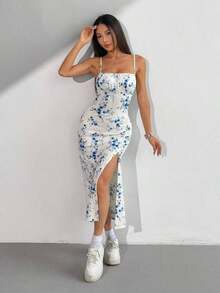 Vestido midi de mujer con tirantes estampado floral y aberturas laterales en el bajo - Blanco - Ver 7