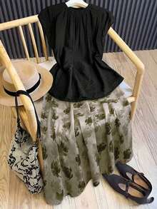 2 piezas Conjunto de top casual de unicolor + falda con estampado geométrico blanco y negro para vacaciones de mujer, Conjunto de ropa de verano para mujer, Conjunto de falda y top de verano, Conjunto de falda y top de mujer, Conjunto de falda - Negro 2 - Ver 3