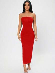 Vestido tubo con abertura trasera - Rojo - Ver 3