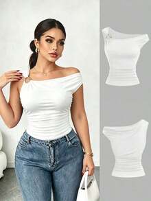 Camiseta ajustada con cuello asimétrico talla grande, top casual versátil, primavera/verano - Blanco - Ver 7