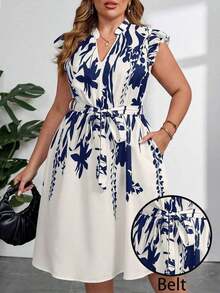 Vestido con estampado gráfico, cuello con muesca, volantes, cinturón, lunares, vestidos para mujer, vestidos casuales de primavera, vestidos de picnic, vestidos de verano, vestidos de primavera, vestidos de festival, vestidos de Pascua, vestid - Azul marino - Ver 8