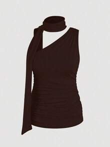 Camiseta sin mangas de mujer de unicolor, con cuello alto, pliegues calados - Marrón - Ver 3