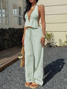 2 piezas Conjunto de top corto bandeau con volantes y pantalones de pierna ancha a rayas de Vaiaye, conjunto de camisola de lino a rayas de cuello en V profundo y pantalones casuales sueltos con cordón, conjunto sexy, lindo y elegante romántico de verano, algodón rastreable - verde claro - Ver 7