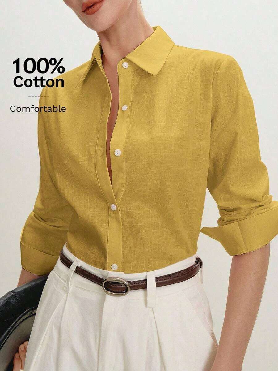 2026 Nueva Camisa Básica Versátil y Elegante para Mujer con Botones Delanteros y Cuello Mao en Color Azul Claro, Adecuada para Ir al Trabajo, Uso Diario, Estilo Retro de los 90, Navidad, Año Nuevo, Fiesta de San Valentín, Playa, Graduación, Moda, - Amarillo - Ver 1