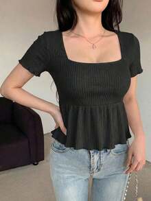 Blusa casual de mujer con cuello cuadrado, manga corta, silueta acampanada y tela texturizada, top sexy y lindo - Negro - Ver 4