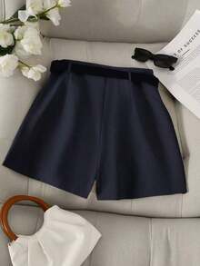 Pantalones con falda asimétrica de moda casual para ir al trabajo, pantalones cortos multifuncionales para mujer sin cinturón, pantalones con falda asimétrica a juego sin cinturón, falda asimétrica, falda con dobladillo asimétrico, falda pantalón - Azul marino - Ver 2