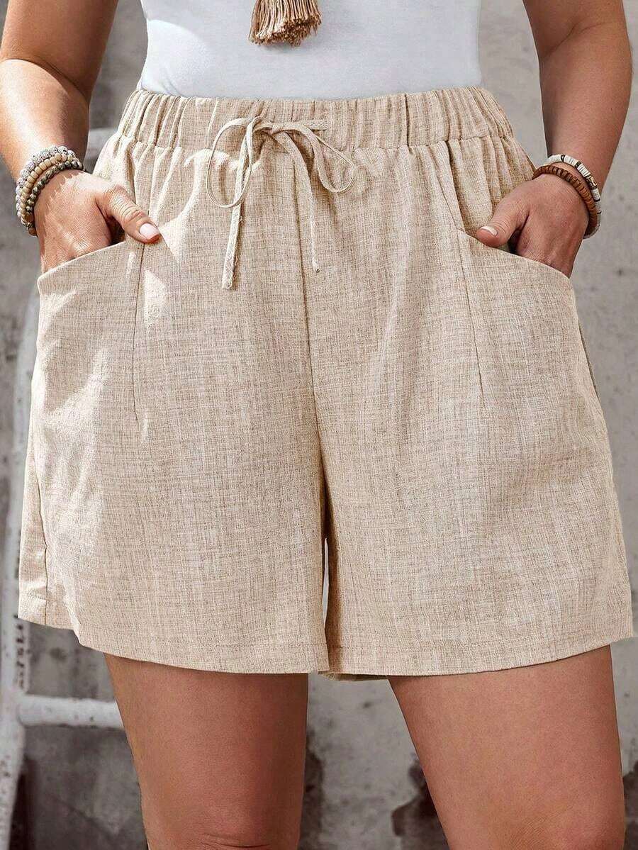 Pantalones cortos de verano de color azul marino sólido con bolsillos para mujeres de talla grande, vacaciones de verano, vacaciones de primavera, vacaciones para mujeres, salir, 2026 nuevo, simple y de moda para uso diario, pantalones cortos b - Caqui - Ver 1