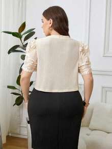 Chaqueta ligera de mujer talla grande en beige con mangas de encaje en contraste, de manga corta, versátil, elegante, atuendo de oficina para maestras en invierno, otoño, Día de San Valentín, trabajo, vacaciones, días festivos, verano - Caqui - Ver 2