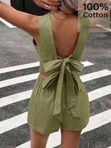 Conjunto de 2 piezas de blusa sin mangas con detalle de lazo y pantalón corto de 100% algodón para mujer, conjunto casual de verano, conjunto de lino - Verde - Ver 3