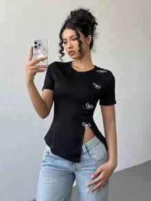 Camiseta de cuello redondo con abertura lateral y decoración de lazo con cristales para mujer - Negro - Ver 4
