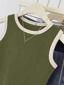 Camiseta de tirantes casual y versátil con ribete de contraste y cuello redondo para el verano - Verde militar - Ver 3