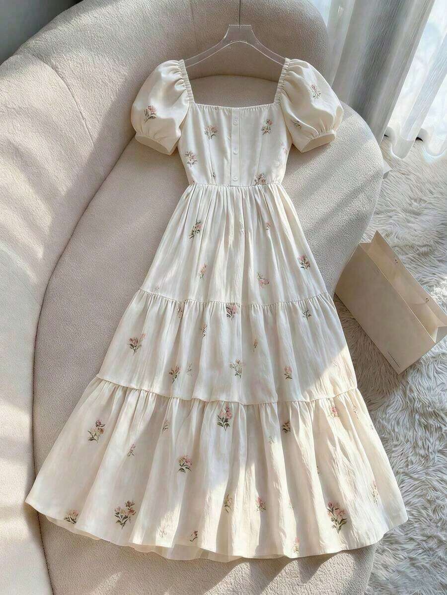 de diseño con cuello cuadrado, mangas de pétalos, abotonadura sencilla y volante en la cintura con estampado floral francés delicado - Albaricoque - Ver 1