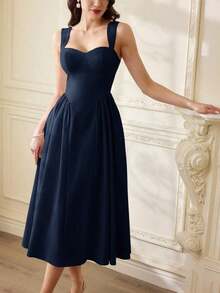 Vestido de mujer elegante y vintage con bolsillos, vestido casual para té, fiesta, vacaciones, verano, para fiesta, boda, graduación, cumpleaños, Pascua y primavera - Azul marino - Ver 6