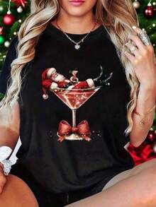 Camiseta Unisex Tallas Grandes Manga Corta 100% Algodón, Playera con diseño divertido de Santa Claus, Papá Noel, recostado en una copa de vino, colorido, ideal para esta temporada y uso diario, llamativo, moderno, holgado, cuello redondo, manga corta, ideal para toda la familia.Regalo perfecto para amigos, familiares y amantes de la moda - Negro - Ver 6