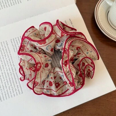 1pc Korean Style Gentle 4-Layer Ruffle Scrunchie, Red Floral Print Slouchy Vibe Hair Accessory, New Hair Flower