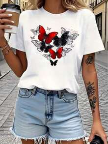 Camiseta de Mujer Arte Mexicano, Top Casual Simple, Camiseta Estampada con Patrón de Mariposas Coloridas en Forma de Corazón, Adecuada para Actividades Diarias Casuales y Vacaciones, Camiseta de Algodón Familiar Coordinada - Blanco - Ver 7