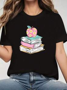 Camiseta para amantes de los libros para mujer - Diseño lindo con pila de libros y estampado de libro abierto, cuello redondo suave, manga corta, estilo casual, regalo para amantes de los libros - Lavable a máquina, top para todas las estaciones, regalo para amantes de los libros, ajuste cómodo. blusas para mujer>camisa - Negro - Ver 1